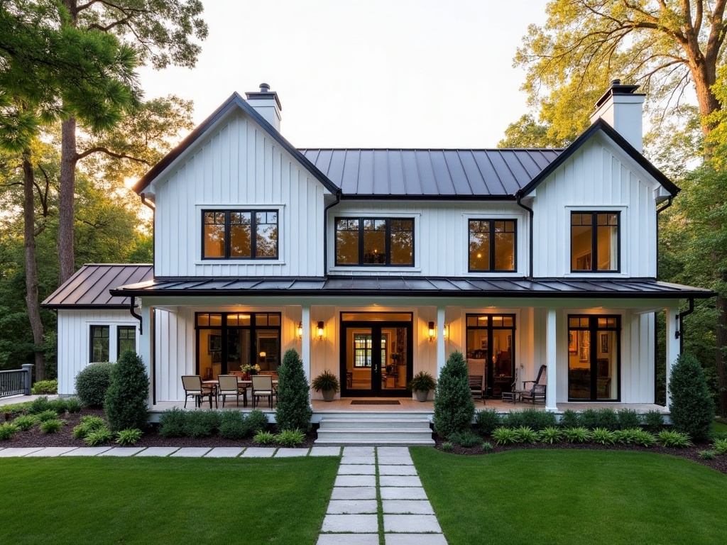 A modern farmhouse exterior designed in Super Arbor — board-and-batten siding, black standing-seam roof, covered porch at dusk.