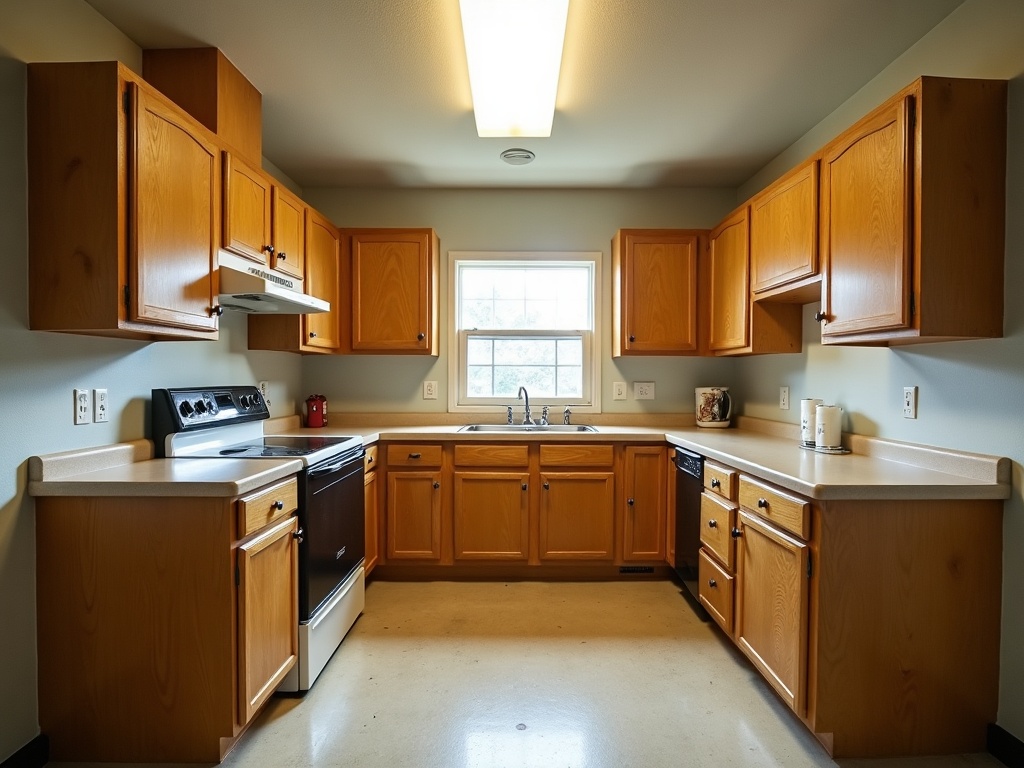 A dated kitchen before renovation — honey-oak cabinets, beige laminate counters and worn flooring.